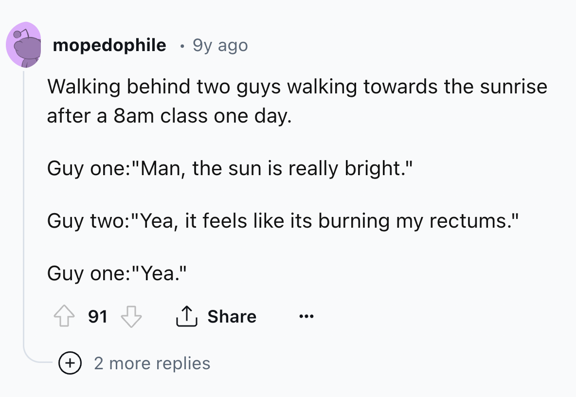 screenshot - mopedophile 9y ago Walking behind two guys walking towards the sunrise after a 8am class one day. Guy one "Man, the sun is really bright." Guy two "Yea, it feels its burning my rectums." Guy one "Yea." 91 2 more replies